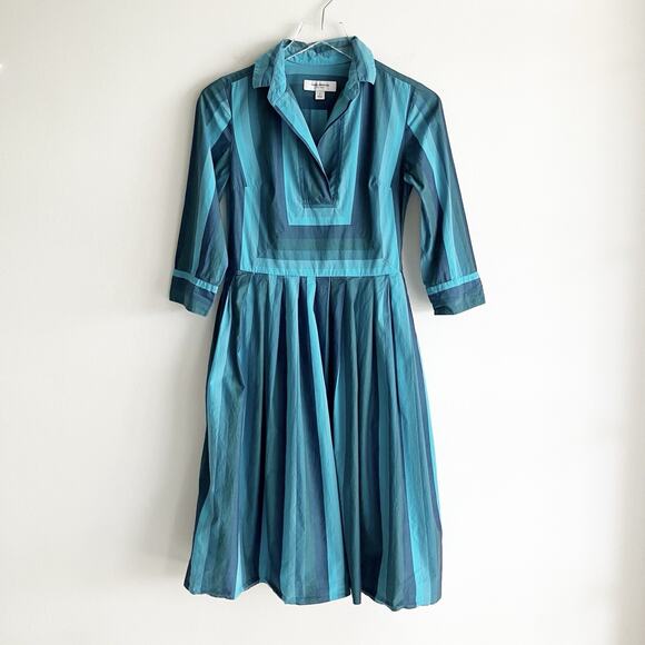Isaac Mizrahi for Target 2 Dress Collared 3/4 Sleeve Blue Striped Fit Flare - Picture 1 of 9